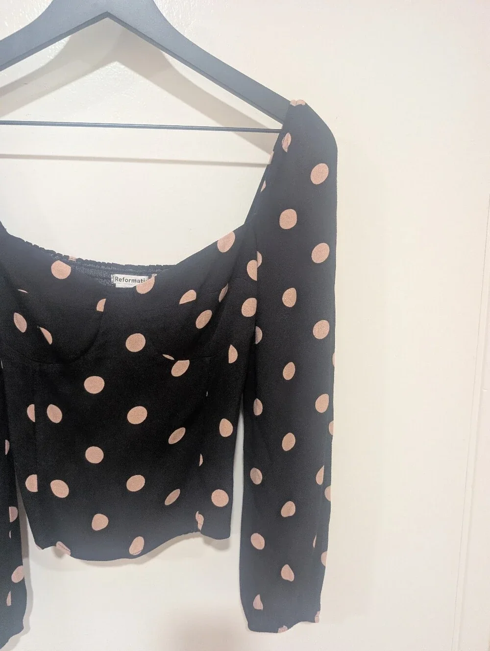 Reformation Black And Pink Polka Dot Smocked Top